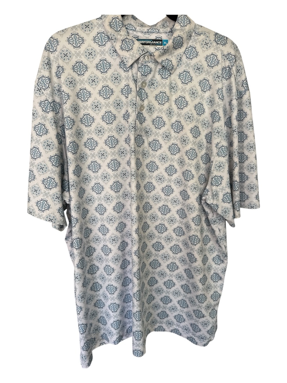 Roundtree & Yorke Cream Polo with Blue Medallion Print